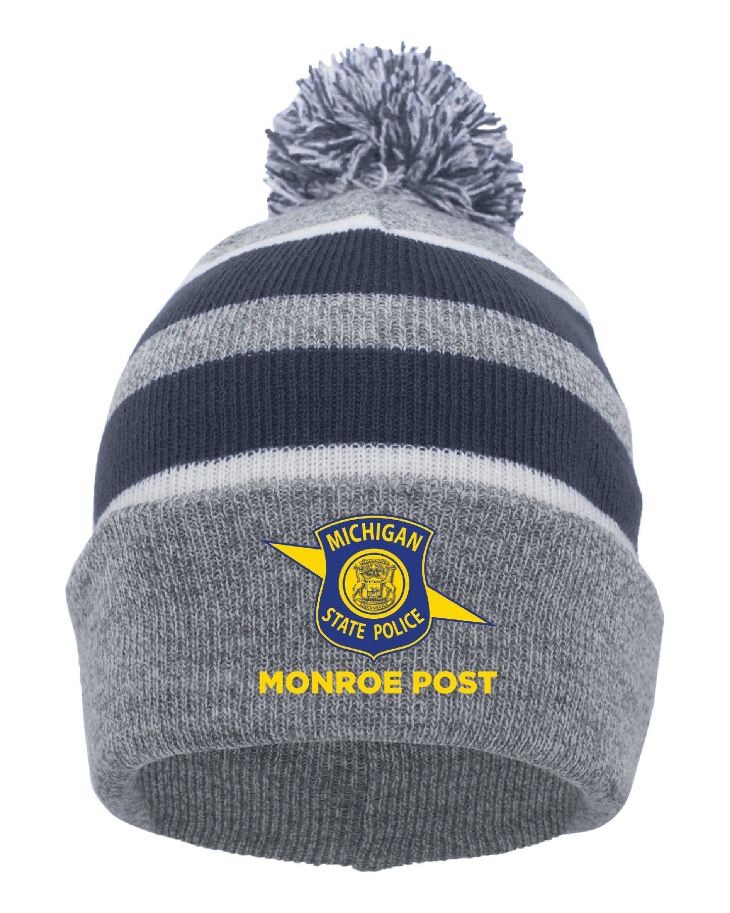 Heather/Navy/White - Fold-Over Pom-Pom Beanie