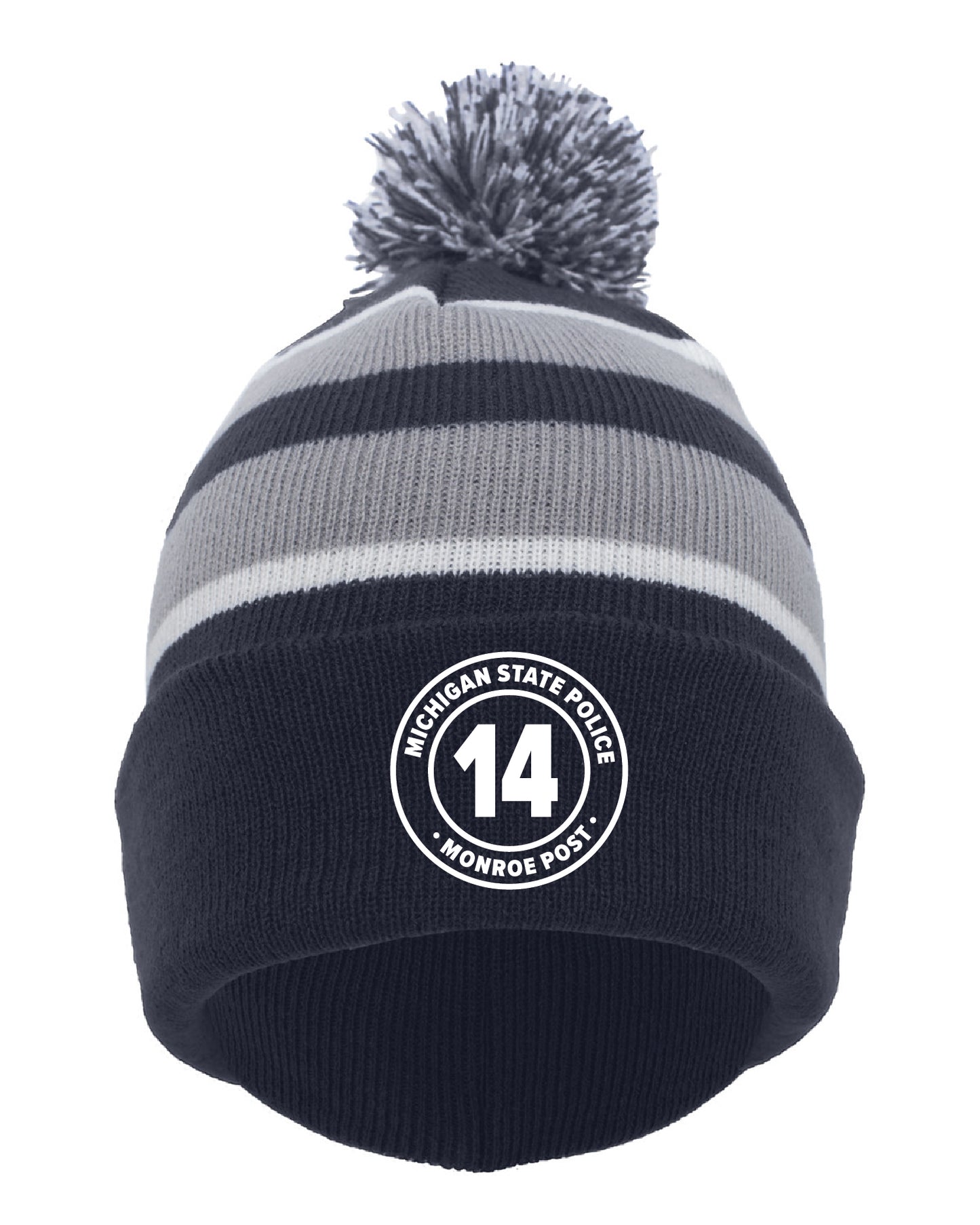 Navy/Silver/White - Fold-Over Pom-Pom Beanie