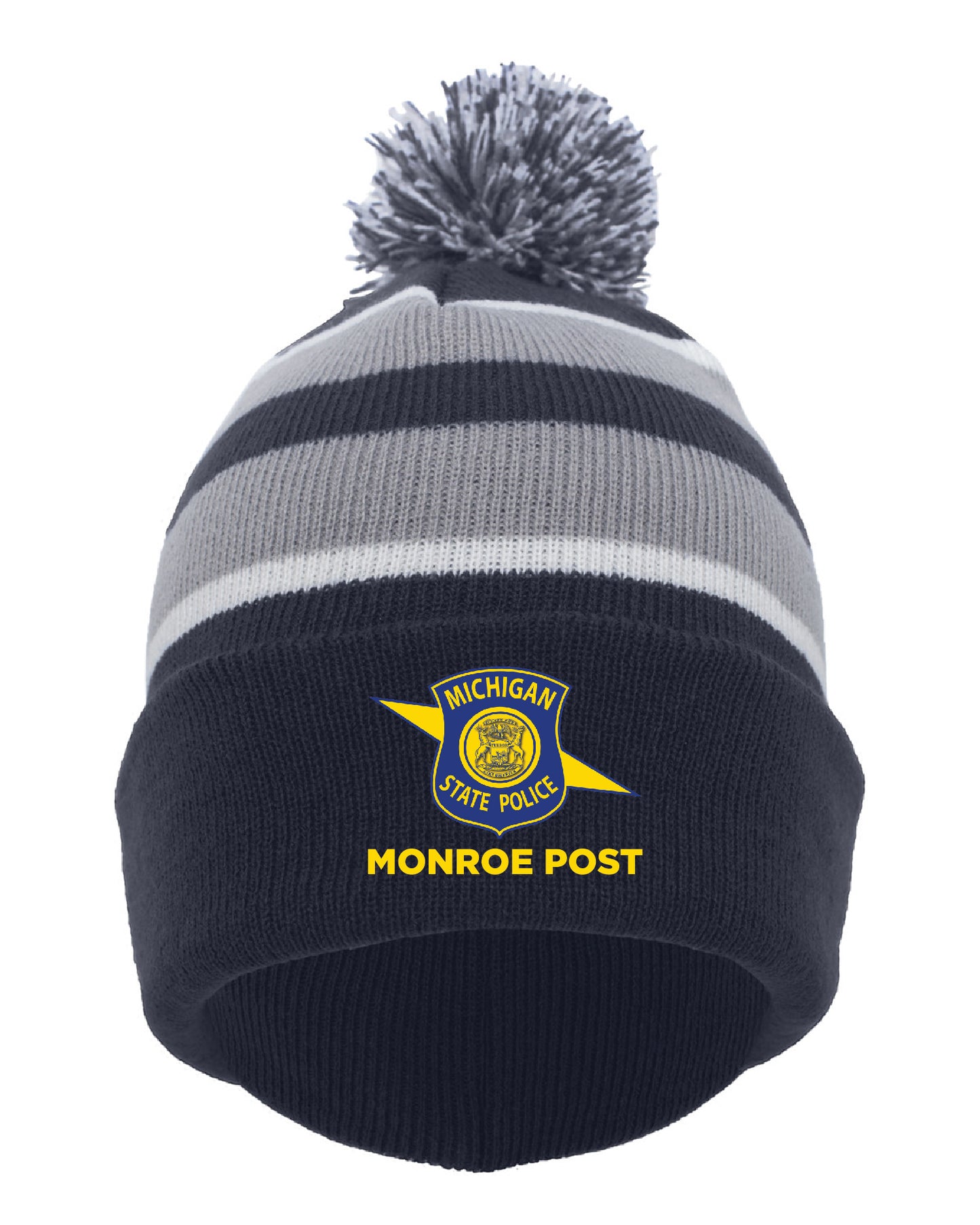 Navy/Silver/White - Fold-Over Pom-Pom Beanie