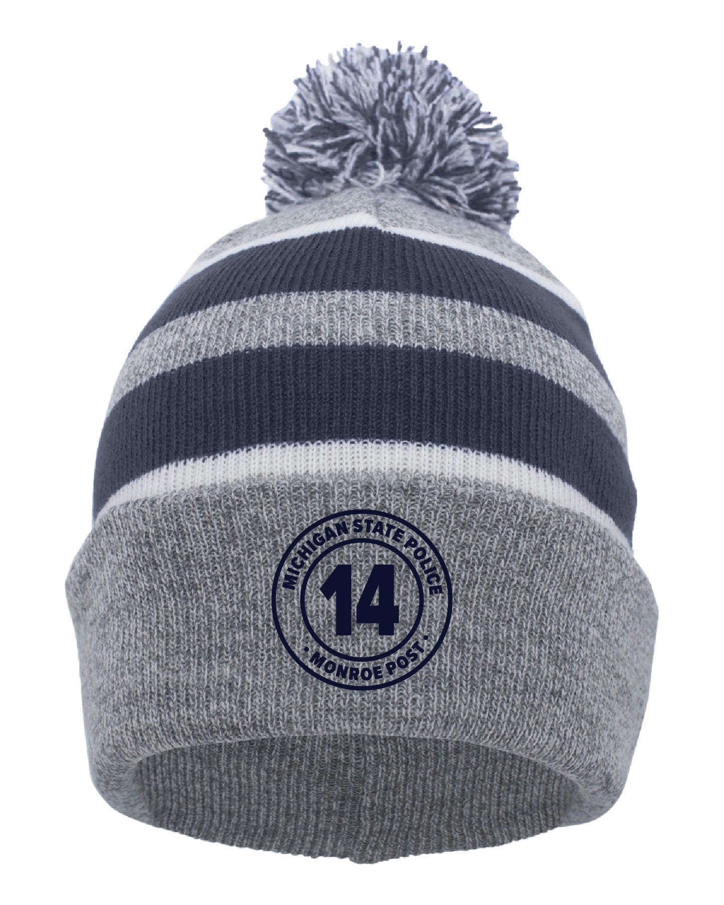 Heather/Navy/White - Fold-Over Pom-Pom Beanie